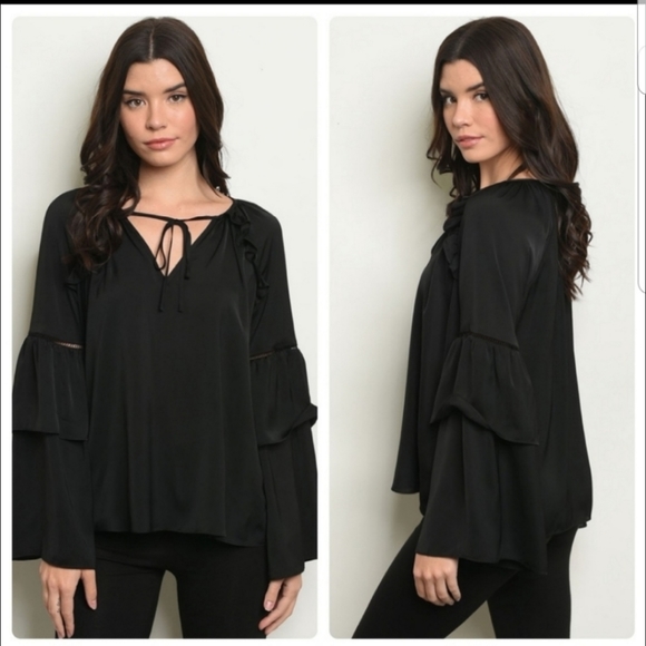 Black Ruffle Sleeves Top - Picture 1 of 6